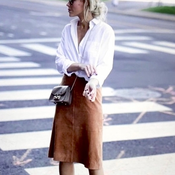 Eileen Fisher brown suede skirt brown lamb leather a lone flare knee length XL - Picture 2 of 5